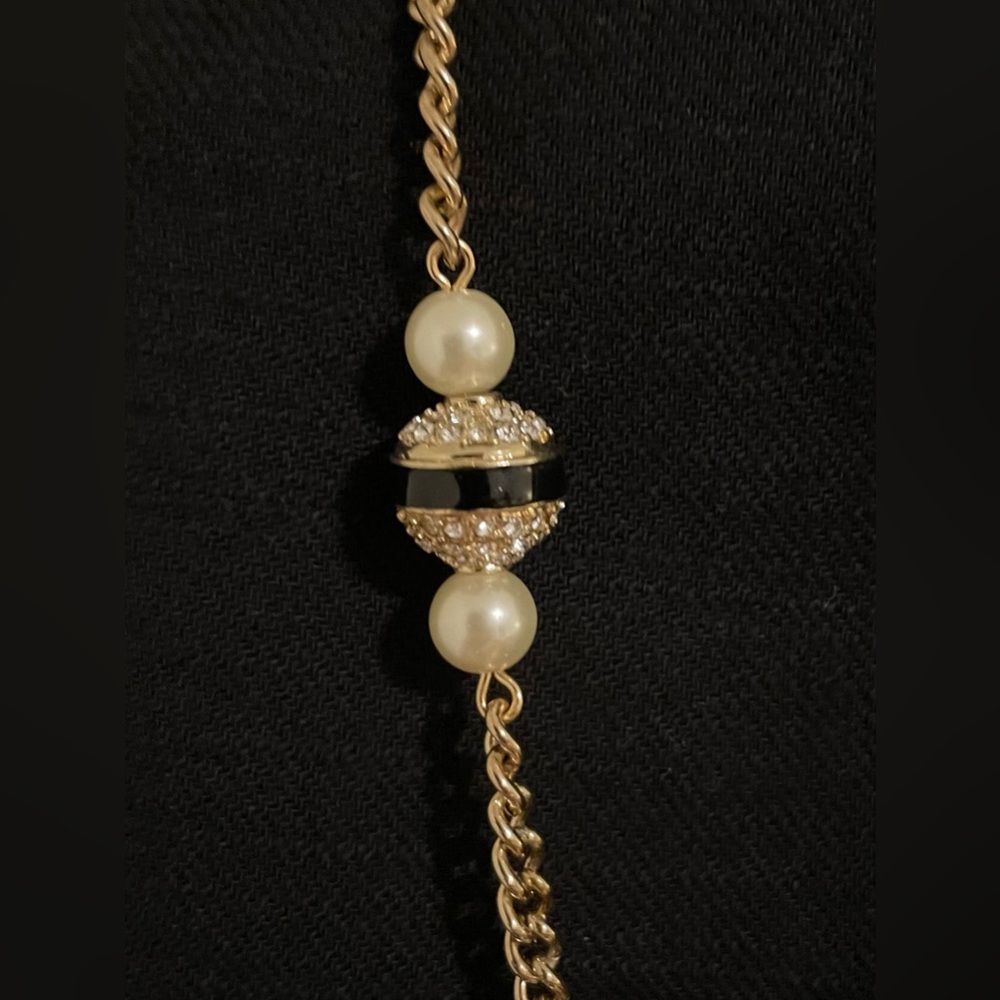 J.Crew Necklace ✨ Pearl, Black Enamel and Crystal Long Necklace - 37in Like NEW